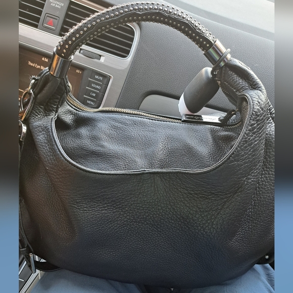 Kenneth Cole New York • Black Leather Oversized Bag Hobo Silvertone Stud Handle - Picture 9 of 13